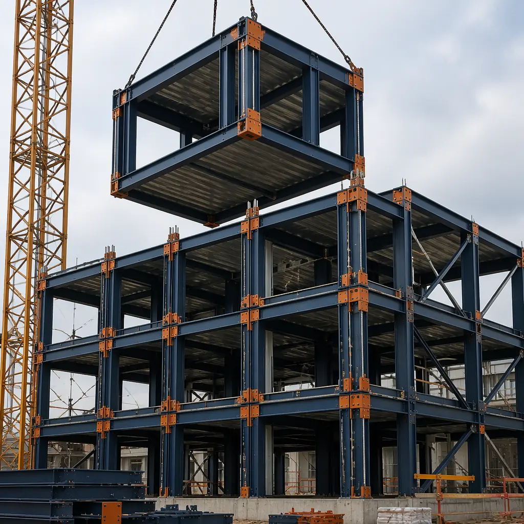 Multi-story modular building under construction in seismically active region, stacked steel frame modules with visible inter-module connection plates at corner junctions, crane positioning upper-floor module onto lower modules, continuous tie-down rods visible at building corners, steel moment frame structure with dark navy painted steel and warm steel orange connection hardware, construction site with seismic design documentation visible