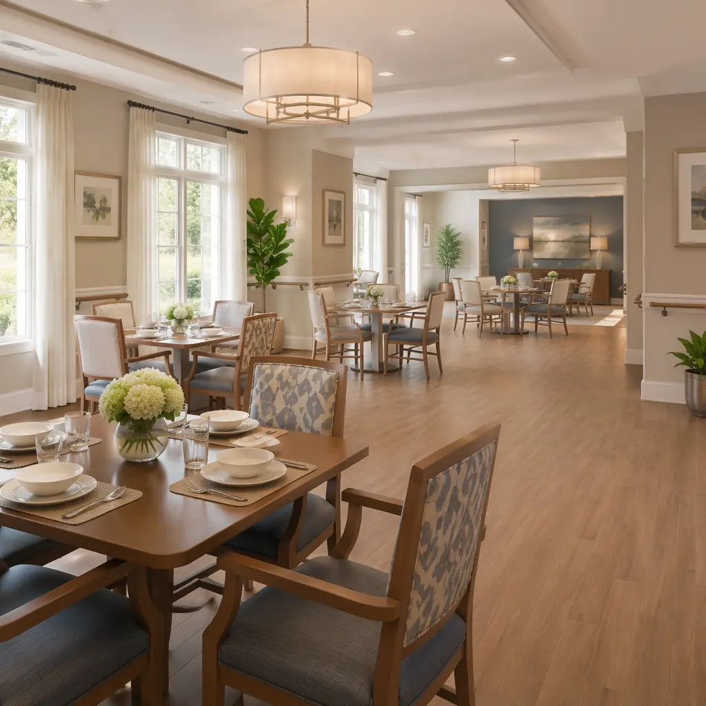 Warm, accessible senior living community dining room with natural light, wide circulation paths, and residential-scale furniture groupings