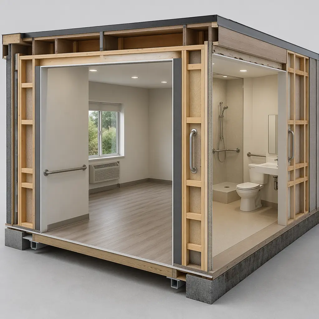 Photorealistic 3D cross-section of a modular senior living unit showing integrated bathroom pod, wide corridors, and accessibility features built into the wall assembly