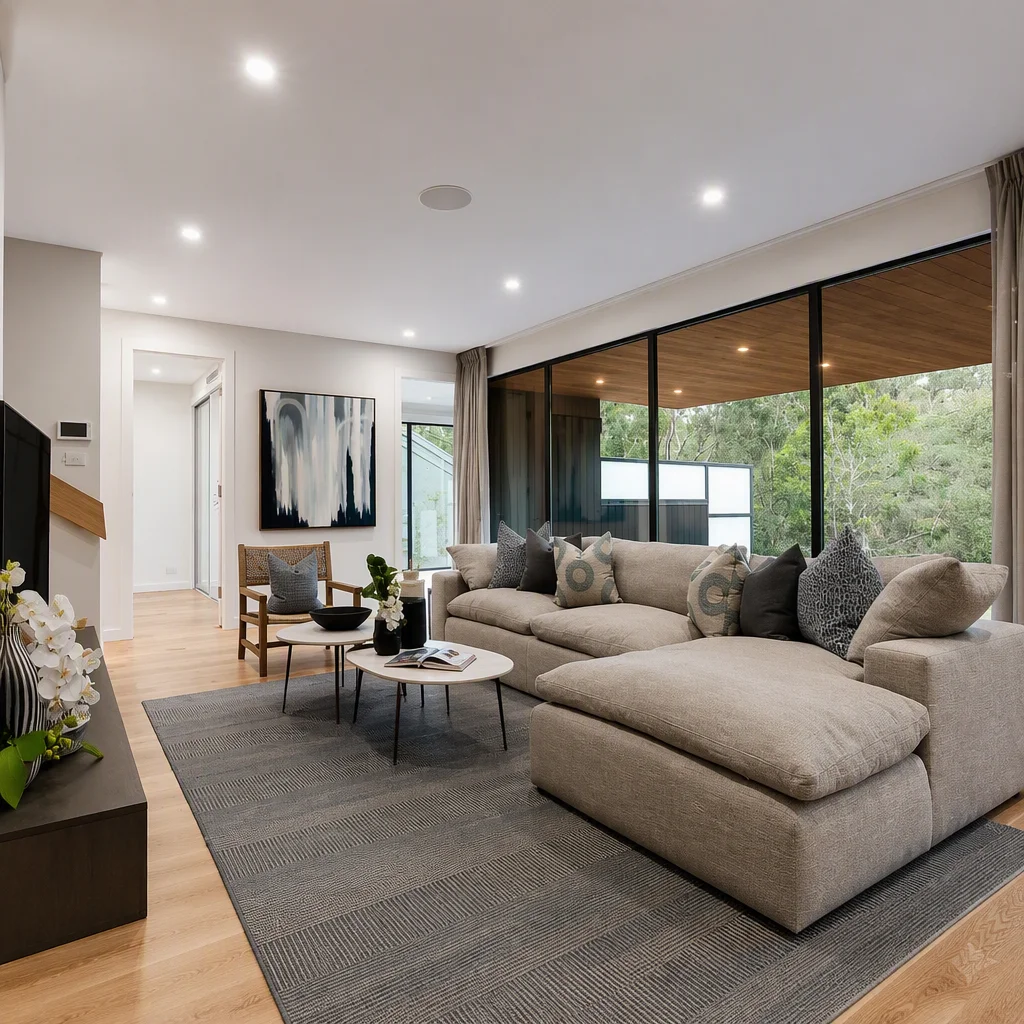 Warm, accessible senior living apartment with wide doorways, natural light, and safety grab rails