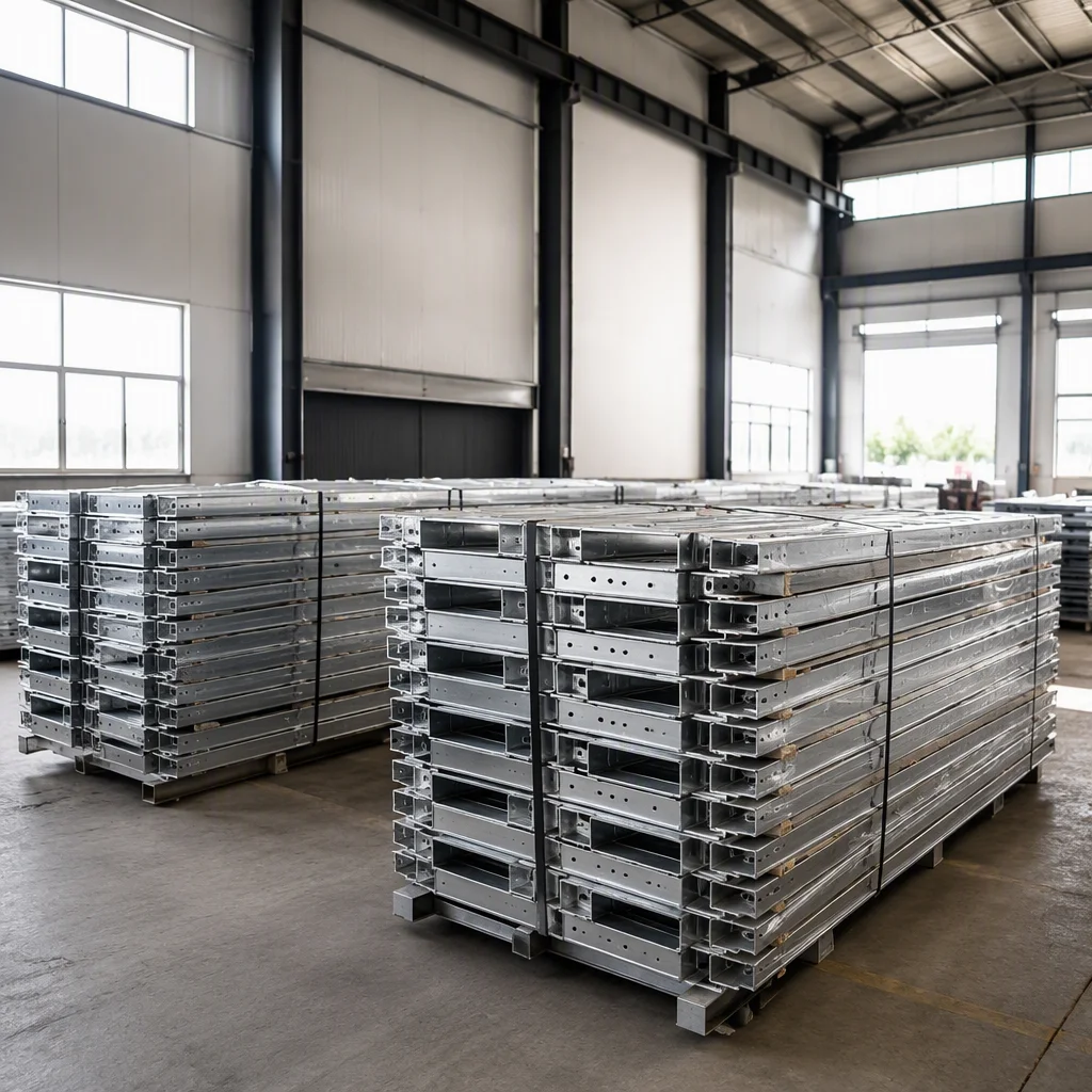 MODURA modules wrapped in weatherproof protective packaging secured on steel stillage frames ready for transport