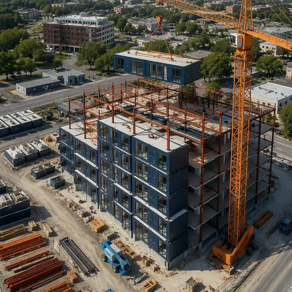 Aerial view of modular construction site with crane positioning completed building module onto multi-story steel frame, multiple modules already placed forming building structure, clean geometric facade with grid pattern, factory-assembled modules with exterior cladding, dark navy and steel orange brand colors on structural elements, professional construction photography