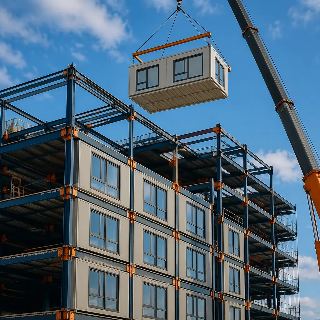 Construction site showing volumetric modular building with crane lifting completed module onto steel frame structure, modules with factory-installed windows and exterior cladding visible, prefabricated modular construction, clean geometric facade, dark navy structural steel elements, construction progress comparison scene