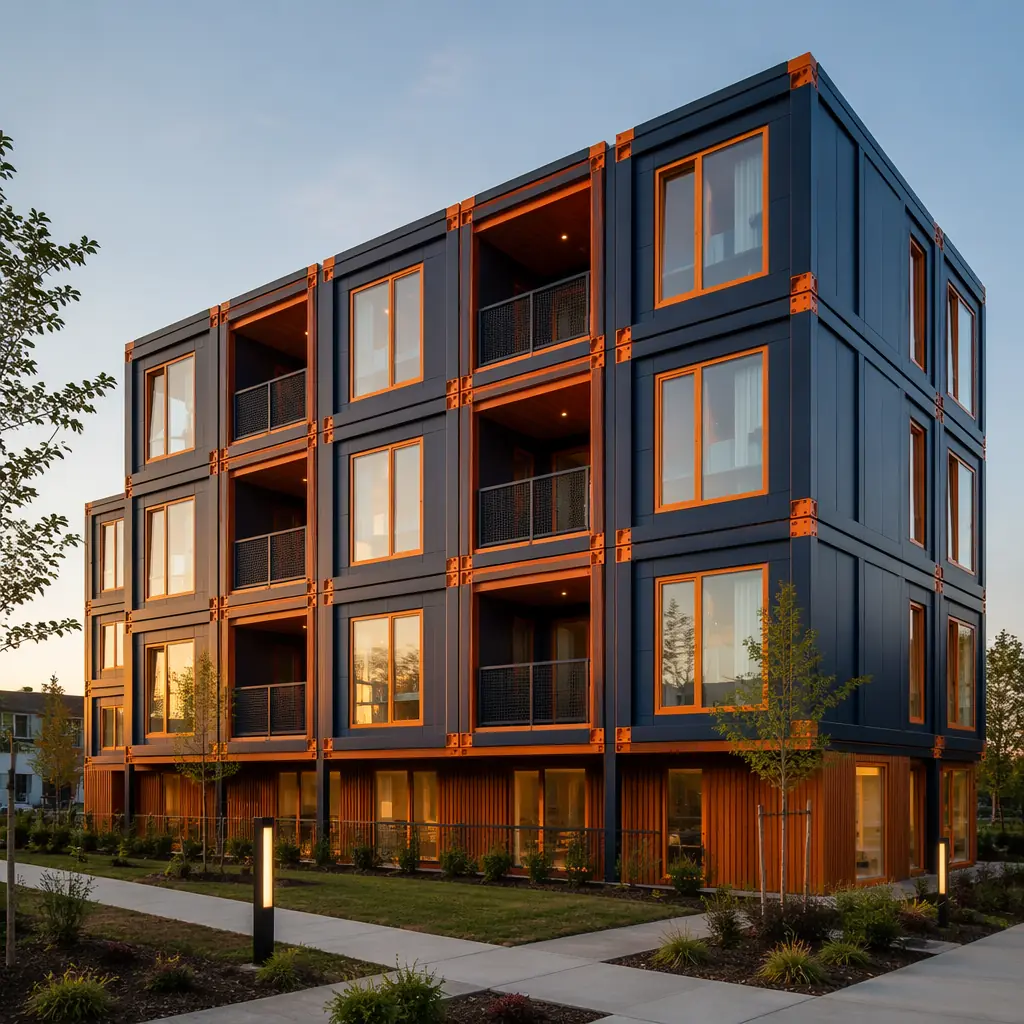 Multi-story modular building exterior showing completed volumetric units stacked and connected, clean geometric facade with grid pattern reflecting module dimensions, modern architectural design, dark navy accent panels and warm steel orange detailing, steel frame structure visible at module seams, prefabricated modular construction, professional architectural photography at golden hour