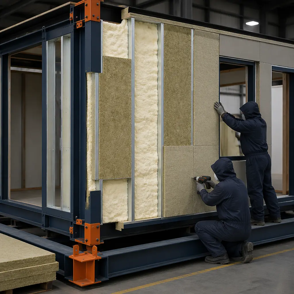 Factory floor scene showing modular building unit nearing completion with insulation layers visible in wall cross-section, workers installing rigid insulation panels in controlled factory environment, steel frame structure with thermal break details, volumetric modular construction, clean industrial facility with dark navy structural elements