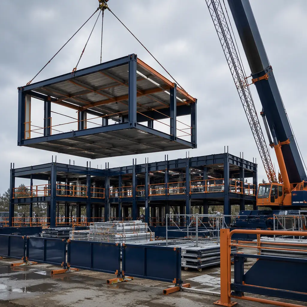 Modular construction site safety scene, mobile crane lifting prefabricated steel frame module onto multi-story building structure, rigging cables and spreader bar visible, safety supervisor in high-visibility vest observing lift, exclusion zone marked with safety barriers and cones, module with clean geometric lines and visible seams being precisely positioned, steel frame building structure with completed modules on lower floors, construction site with organized crane setup area, dark navy structural elements, clear blue sky, professional construction safety environment