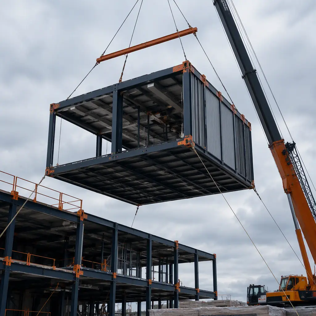 Close-up view of modular construction crane lift operation, large mobile crane with extended boom lifting steel frame module, module suspended from four-point rigging with spreader bar and tag lines, module with completed exterior cladding and windows visible, construction crew member guiding module with tag line while maintaining safe distance, exclusion zone clearly marked, crane outriggers fully deployed on prepared ground pad, steel frame building structure in background with modules stacked on lower levels, professional rigging setup with certified lifting gear, afternoon sunlight on construction site
