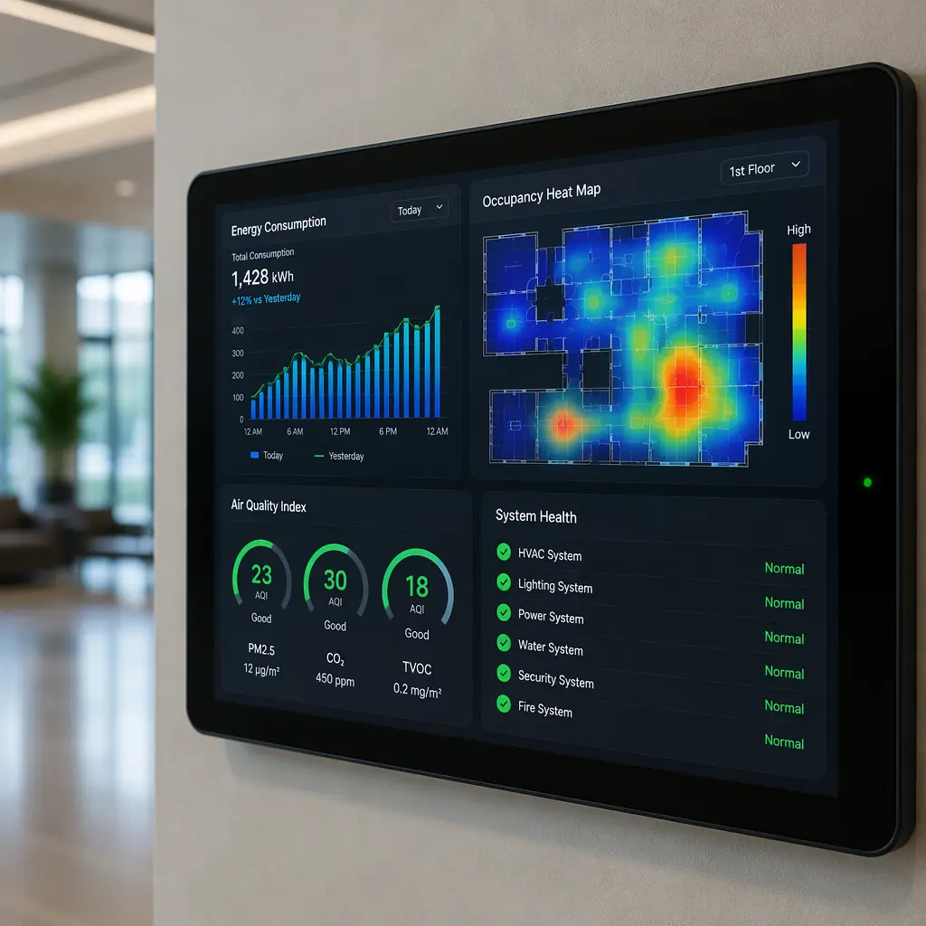 Close-up of building management dashboard display on wall-mounted touchscreen, showing real-time energy consumption graphs, occupancy heat map of building floors, air quality index per zone, system health status indicators, clean modern UI design with data visualization