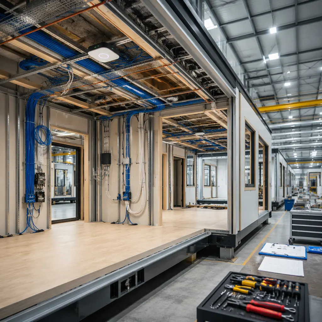 Inside modular building factory, technician installing IoT sensor array into ceiling cavity of partially assembled module, cable management trays with labeled low-voltage wiring, integrated sensor hub visible, clean factory environment with overhead lighting, quality control documentation at workstation