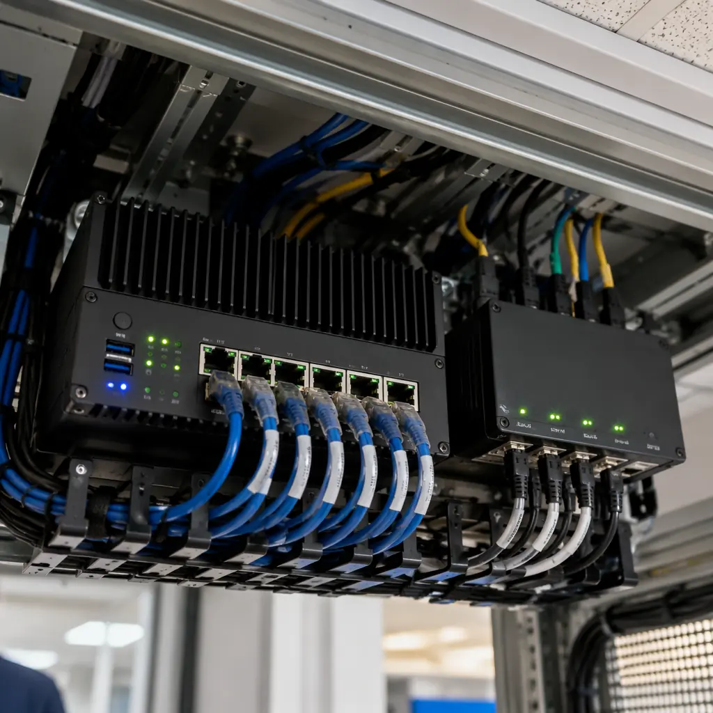 Technical close-up of modular building edge gateway installation, industrial computer mounted in ceiling access panel with labeled Ethernet connections, sensor hub with indicator LEDs showing operational status, structured cabling with color-coded patch cords, clean professional installation