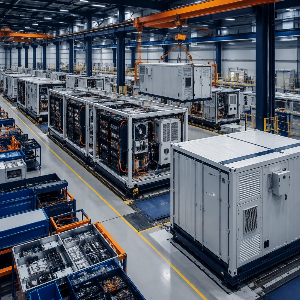Factory floor of modular construction facility producing BESS enclosures for utility-scale energy storage, steel frame modules with integrated HVAC units and electrical panels being assembled on production line, completed enclosures with fire suppression piping and thermal management ductwork visible, overhead cranes moving modules between assembly stations, quality control testing bay with battery rack mockups and thermal imaging equipment, clean industrial manufacturing environment
