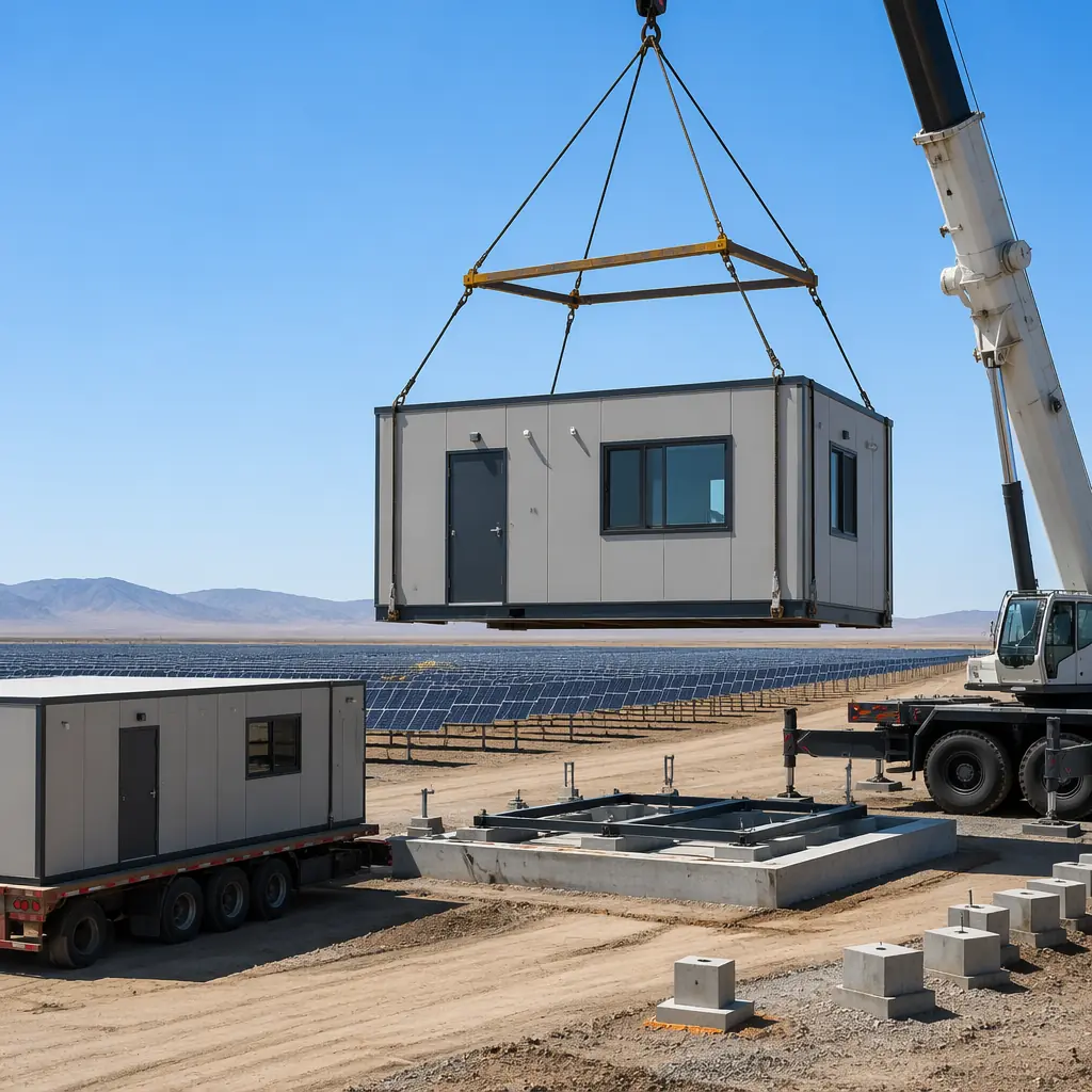 Modular BESS enclosure being craned into position at utility-scale solar farm construction site, completed steel frame enclosure with integrated HVAC and electrical switchgear visible through open access doors, crane lifting module onto prepared concrete pad foundation, solar panel arrays in background under construction, construction crew coordinating lift, grid interconnection substation visible in distance, desert utility-scale renewable energy construction environment