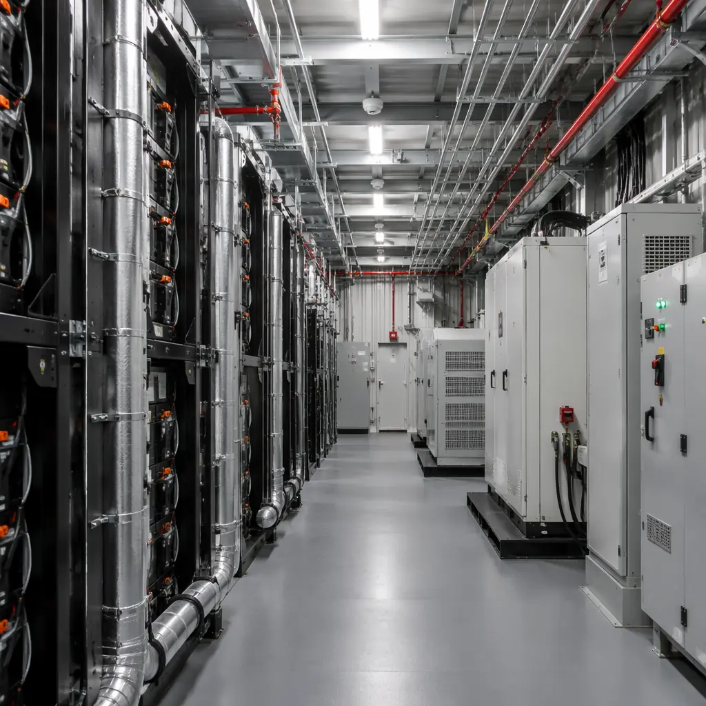 Interior of factory-completed modular BESS enclosure showing battery rack installation, rows of lithium-ion battery modules mounted in steel racking with integrated cable management, HVAC ductwork running along ceiling with supply diffusers positioned between rack aisles, fire suppression aerosol units mounted on walls, gas detection sensors at multiple elevations, LED lighting, cable trays carrying DC collection wiring to inverter connection points, clean organized industrial electrical enclosure interior
