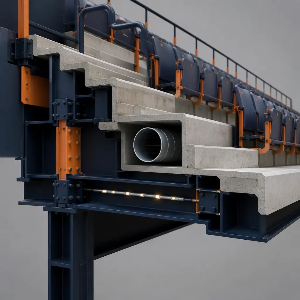 Photorealistic 3D cross-section render of modular stadium seating bowl module, structural steel frame with factory-installed precast concrete seating treads and risers, under-seat HVAC supply plenum visible, integrated aisle lighting conduit pre-installed, railing anchor points factory-welded to steel frame, module connection plates at structural interface, dark navy structural steel elements with warm steel orange accent