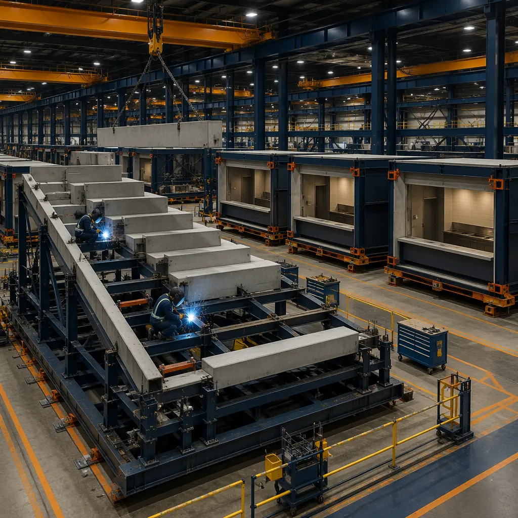 Factory floor of modular prefabricated construction facility, stadium seating module on assembly line with structural steel frame and precast concrete seating treads being installed, workers welding seating support brackets, completed concourse modules visible in background with pre-installed concession counters, factory environment with overhead cranes, module identification labels, dark navy and steel orange color palette