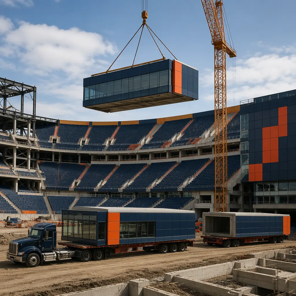 Construction site of modular sports stadium, crane lifting completed concourse module with factory-installed exterior facade panels and glazing into position above seating bowl, flatbed trucks delivering additional prefabricated modules, seating modules already positioned forming stadium bowl geometry, module seams visible on seating tiers, clean geometric facade with grid pattern, construction progressing with existing adjacent structures visible, dark navy and steel orange color scheme