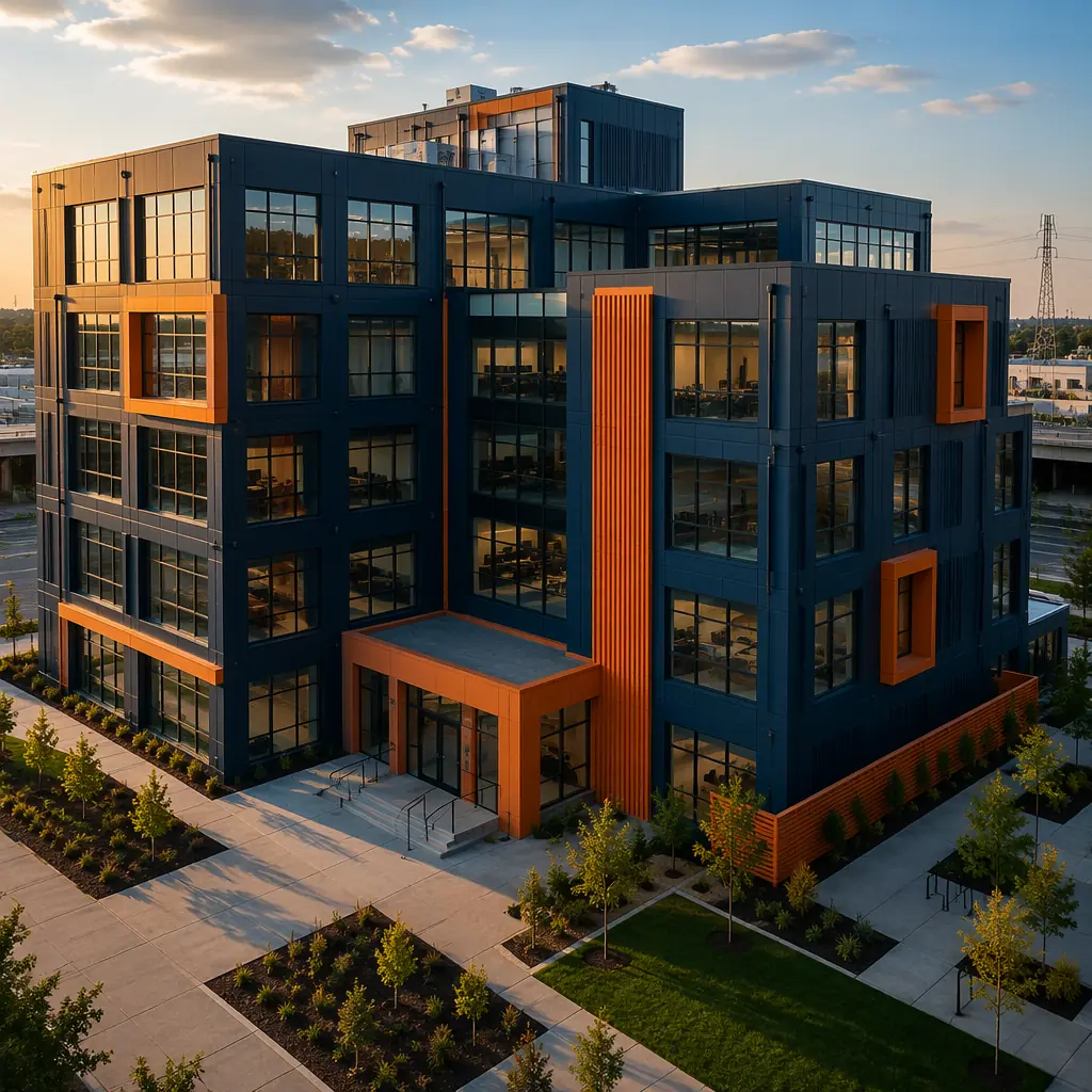 Aerial view of completed modular steel frame multi-story commercial building complex, clean geometric facade showing grid pattern from factory-assembled modules, modern prefabricated construction, landscaping complete, dark navy structural design with warm steel orange brand accent details on building entrance, professional architectural photography