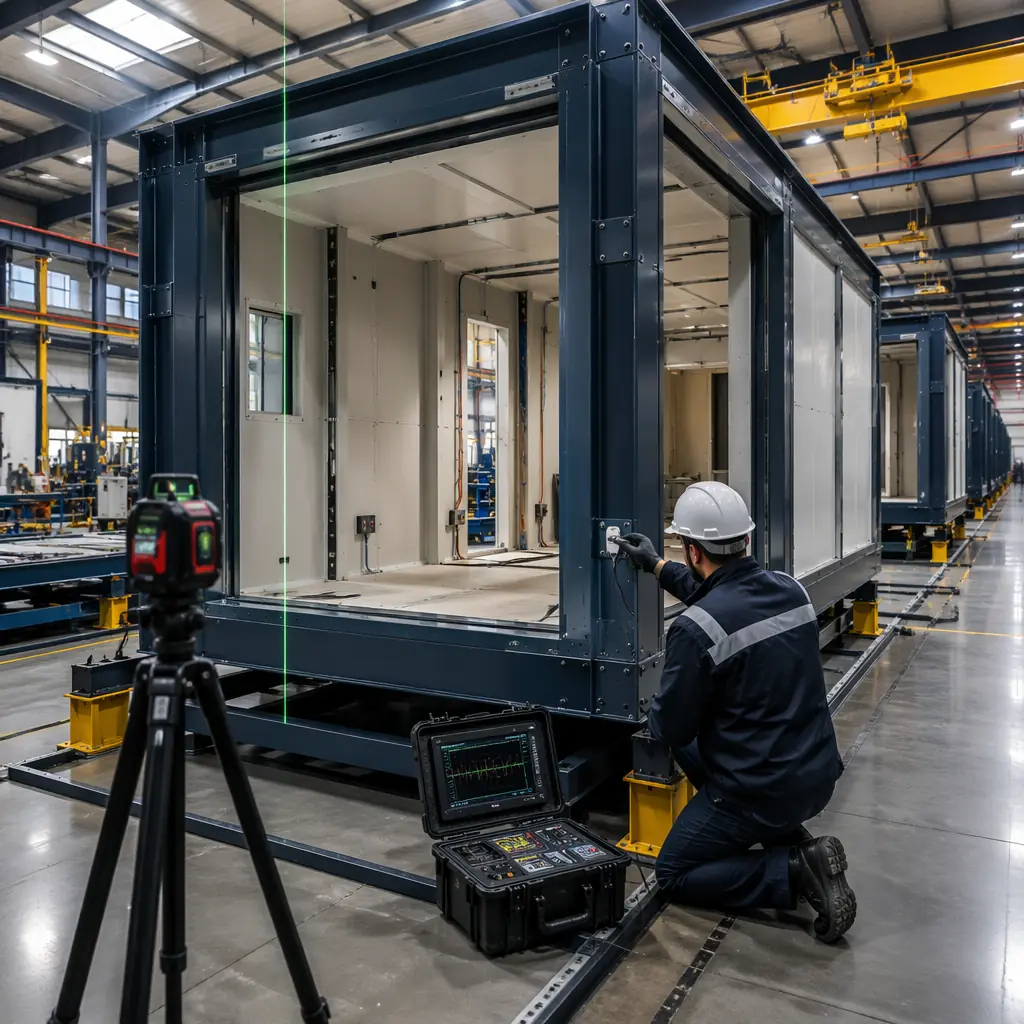 Inside modular construction factory quality inspection station, completed steel frame module on production jig undergoing dimensional verification with laser measurement tools, certified weld inspector examining structural connection with ultrasonic testing equipment, clean factory floor environment with controlled lighting, ISO 9001 quality management system visible