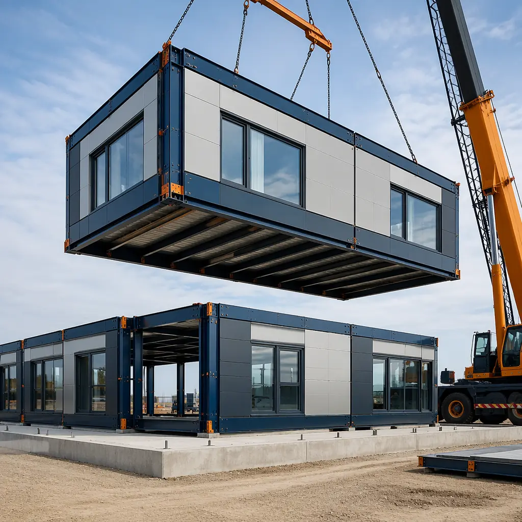 Crane lifting completed factory-assembled modular steel frame building unit onto prepared foundation, module with pre-installed windows and facade panels, clean construction site with just-in-time delivery, modern commercial building construction, dark navy structural steel elements with warm steel orange accent details on module exterior