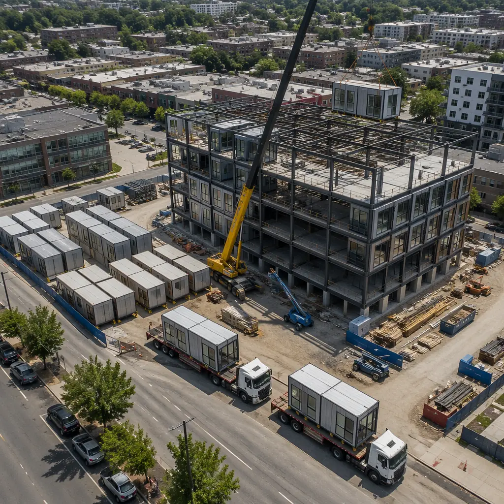 Aerial view of steel modular construction site, multiple completed modules arriving on flatbed trucks, crane lifting module into position on multi-story building frame, site with organized module staging area, surrounding urban context, demonstrating efficient site logistics for prefabricated construction