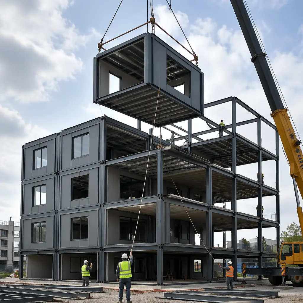 Construction site showing steel modular building assembly, crane positioning a completed module with visible steel frame onto upper floor of multi-story building, modules stacked with clean geometric alignment, site crew managing rigging, module seams visible on completed lower floors