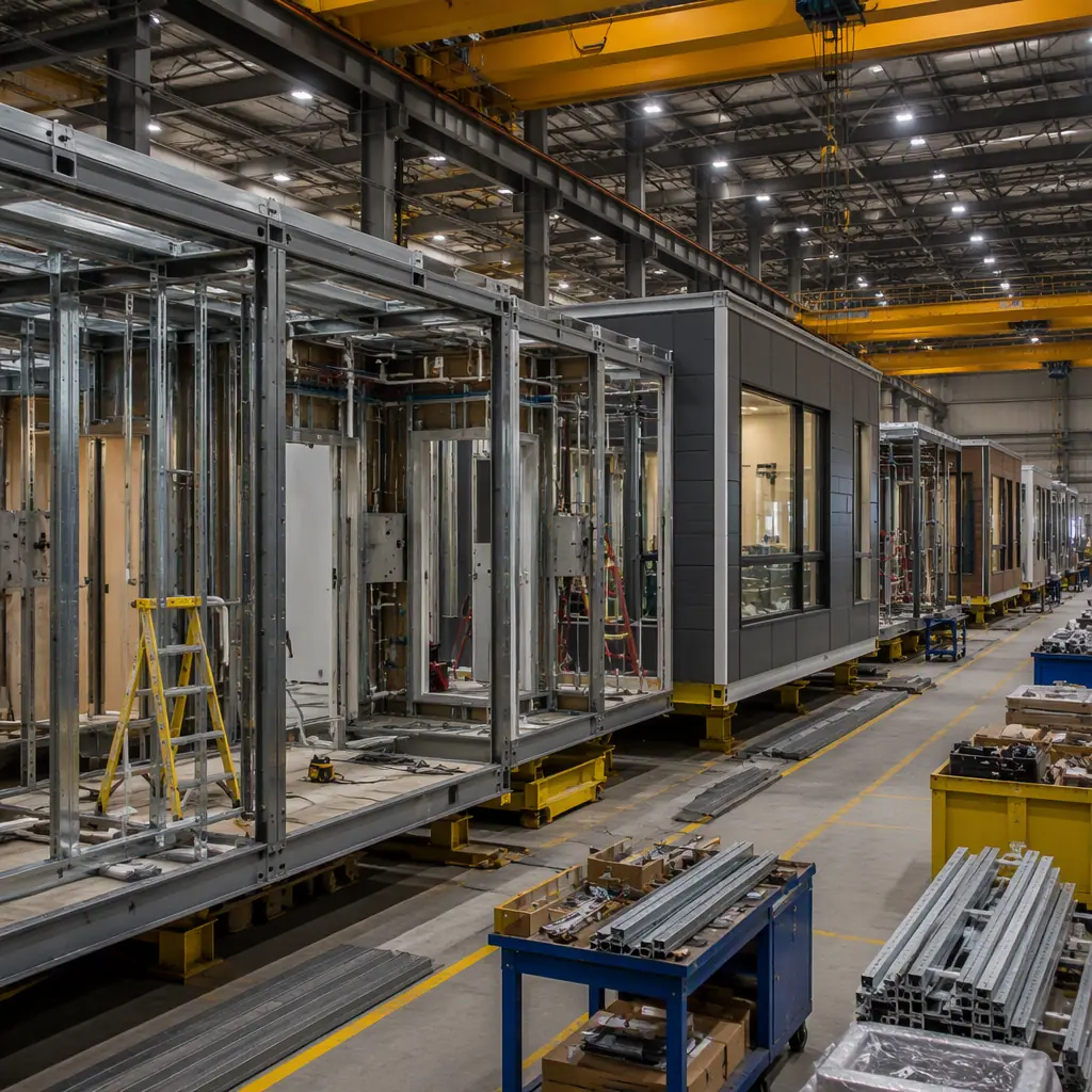 Factory floor of steel modular construction facility, steel frame modules in various stages of assembly on production line, workers installing wall panels and MEP systems inside completed steel frames, industrial manufacturing environment with overhead cranes, module nearing completion with windows and cladding installed