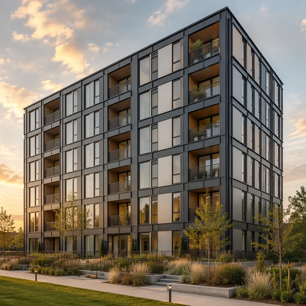 Completed multi-story steel modular apartment building exterior, modern clean facade with repeating grid pattern reflecting modular unit composition, module seams visible as architectural feature, balconies integrated into prefabricated modules, landscaped surroundings, golden hour lighting