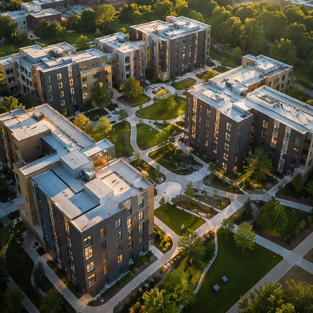 Aerial view of a modern modular student housing complex integrated into a university campus with green spaces and pedestrian pathways