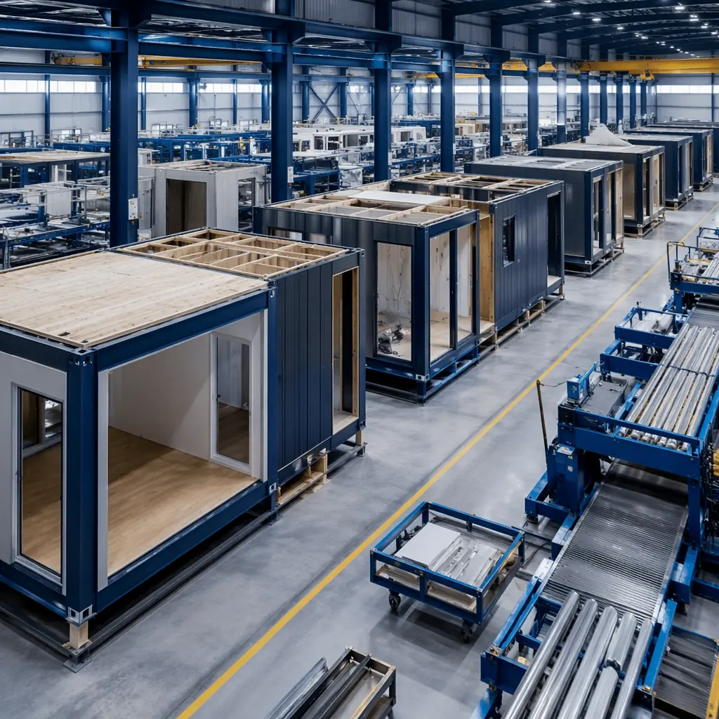 MODURA factory floor with modular building units being assembled on precision production line