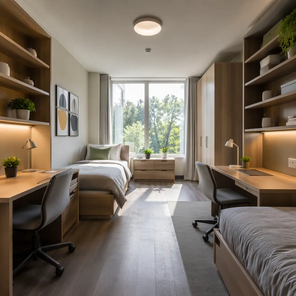 Bright, modern student dormitory room with modular furniture, natural light, and clean finishes