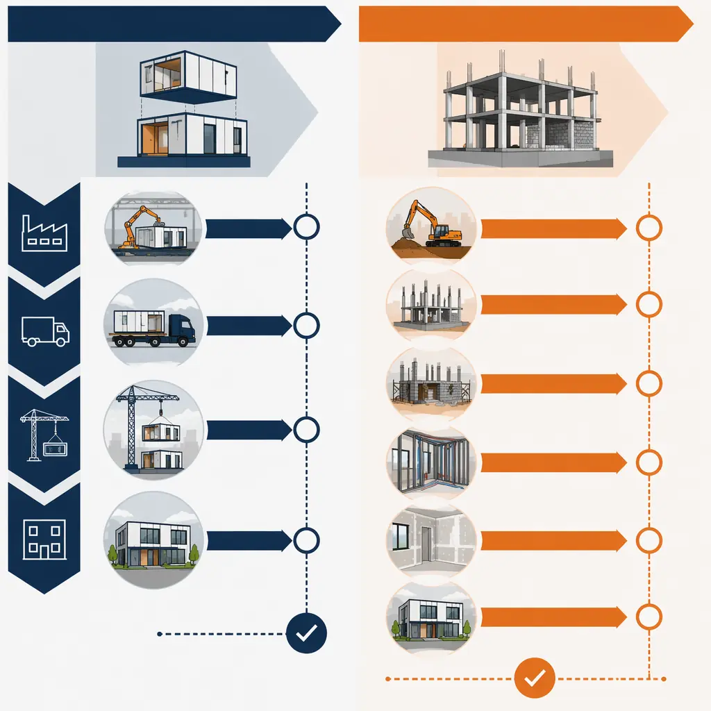 Infographic comparing modular dormitory construction timeline (7-9 months) vs traditional construction (16-20 months) with key milestone markers