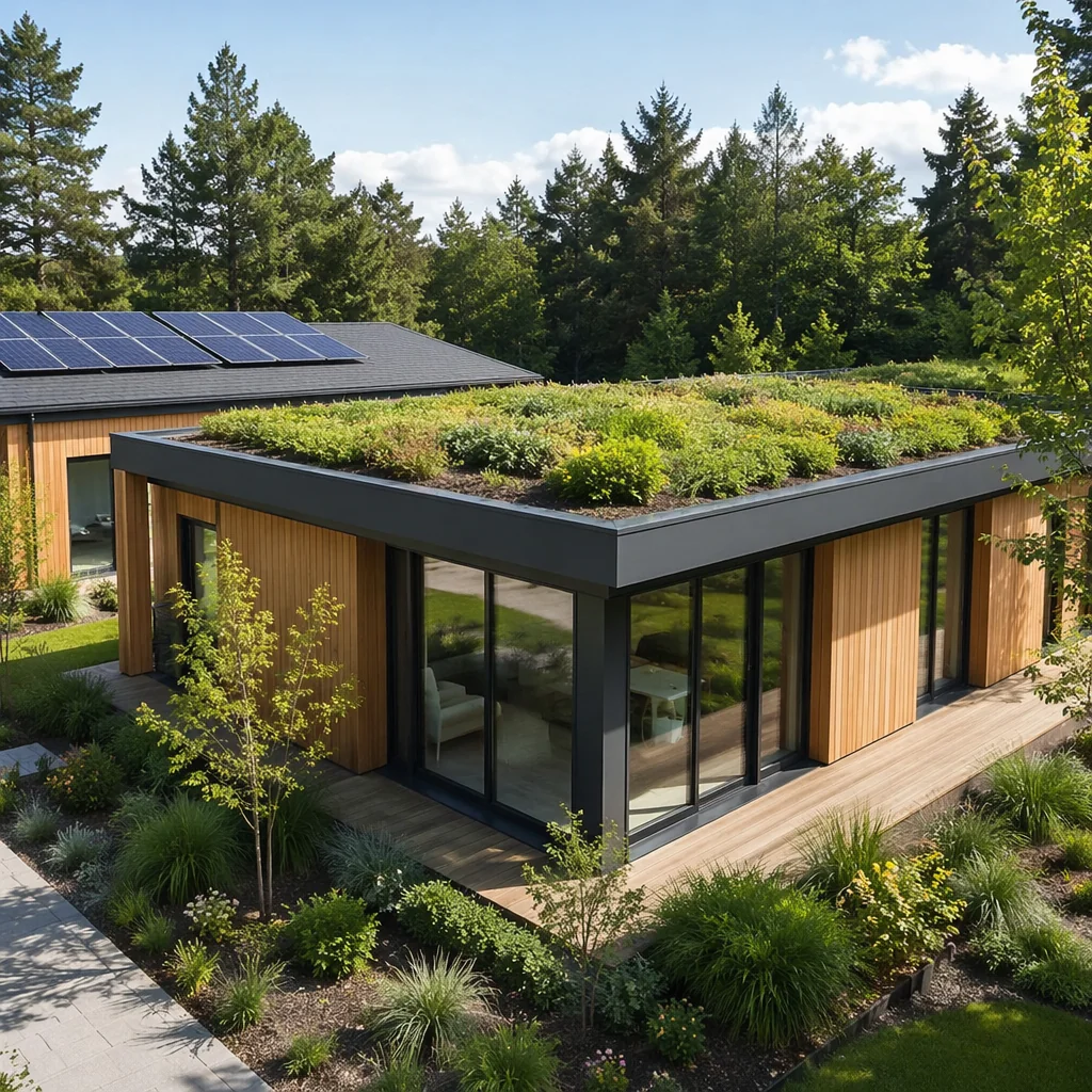 Modern modular building with green roof garden and solar panels surrounded by trees