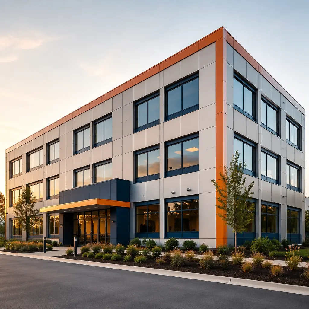 Completed modern modular commercial building with professional architectural photography quality, steel frame structure, clean geometric facade, dark navy accents, warm steel orange structural details, corporate headquarters setting