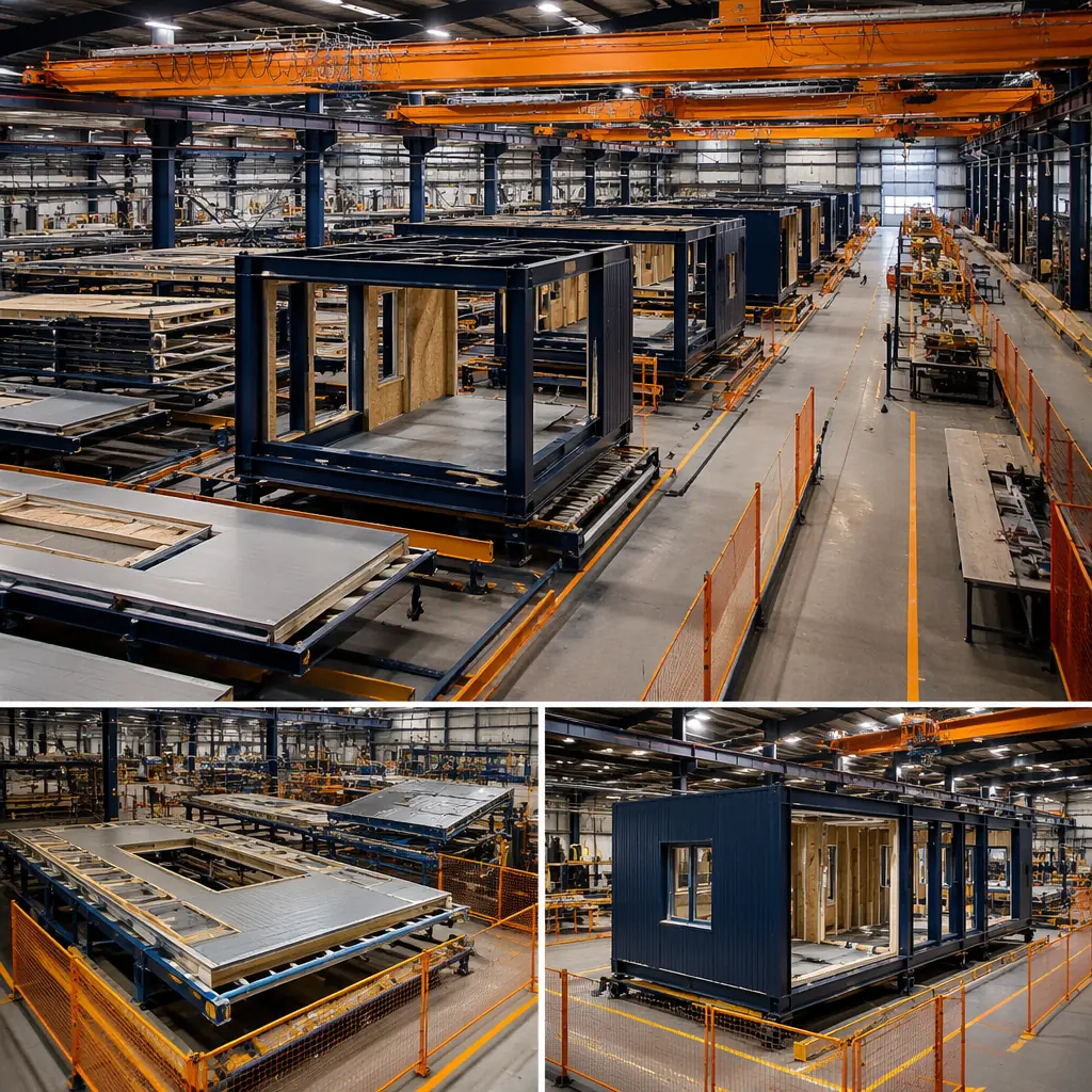 Factory floor with modular steel frame units in production, assembly line environment, modules nearing completion with structural elements visible, industrial manufacturing setting, dark navy accents on factory equipment
