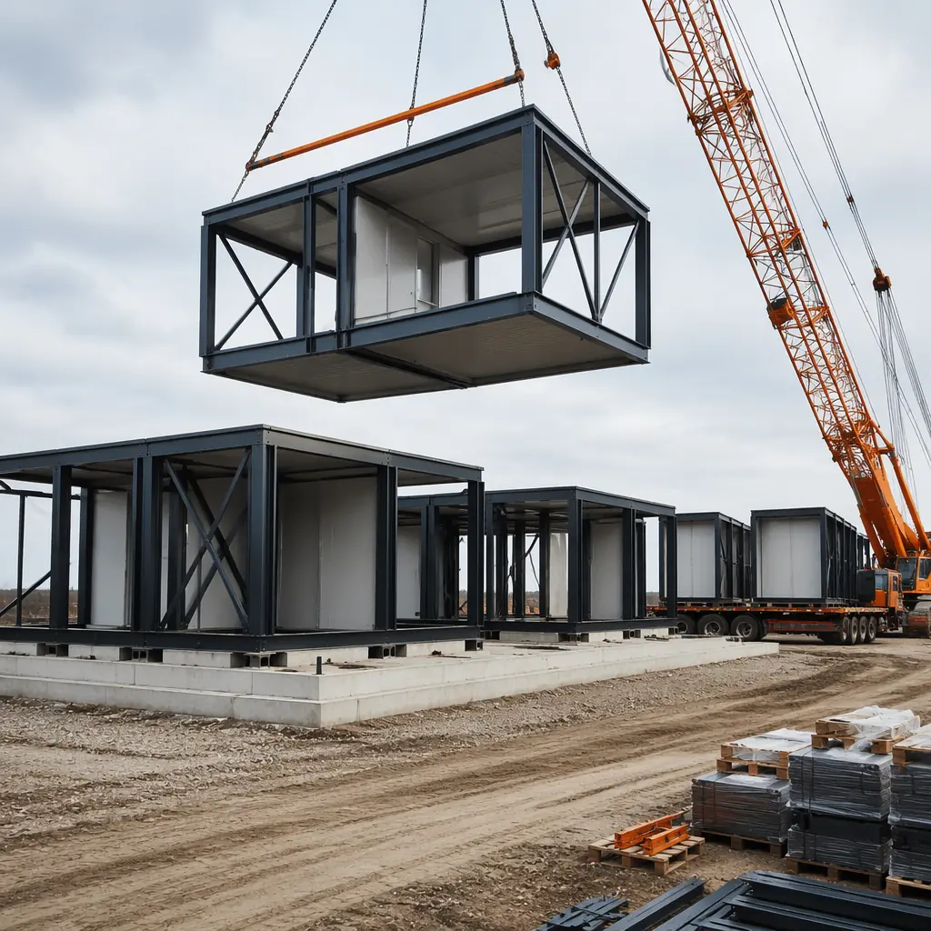 Crane lifting modular building unit into position on construction site, module-to-module connection visible, steel frame structure, prefabricated modules being installed, clean geometric facade, warm steel orange structural accents