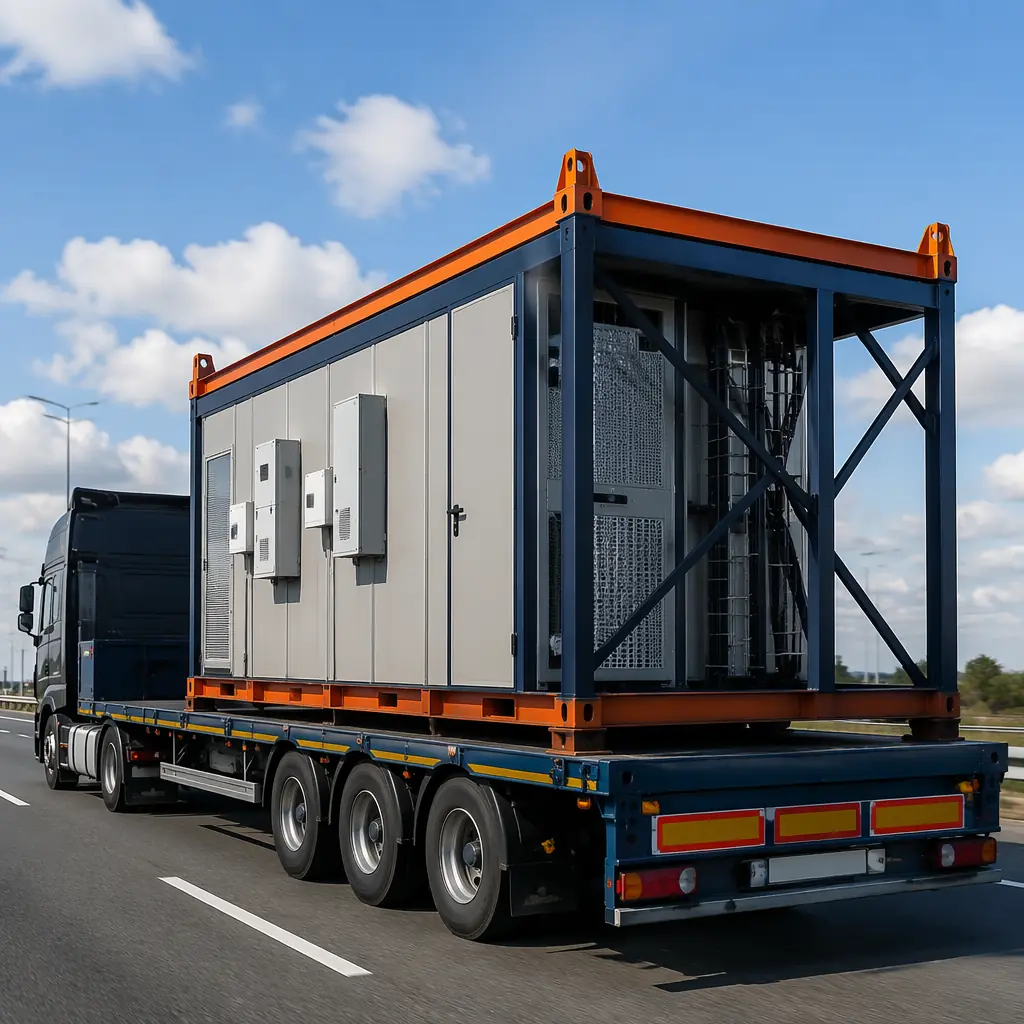 Flatbed truck transporting completed modular telecom shelter on highway, steel frame prefabricated enclosure with factory-installed equipment, crane-ready lifting points visible, modules arriving for rapid site deployment
