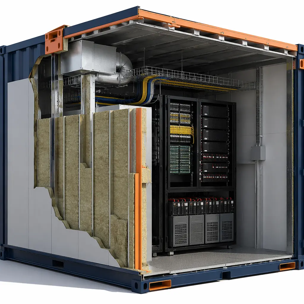 Photorealistic 3D cross-section render of modular telecom shelter wall assembly, staggered steel studs with mineral wool insulation, factory-installed cable trays and HVAC ducting visible, equipment rack with DC power plant and fiber termination panels