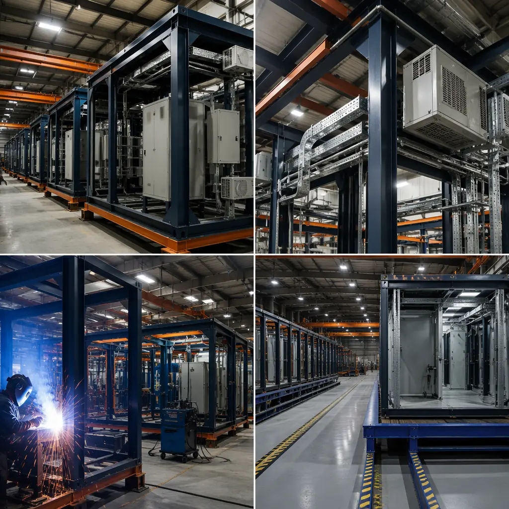 Factory floor of modular construction facility, steel-framed telecom equipment shelters in various stages of assembly on production line, cable trays and HVAC units being installed, quality inspection station in background