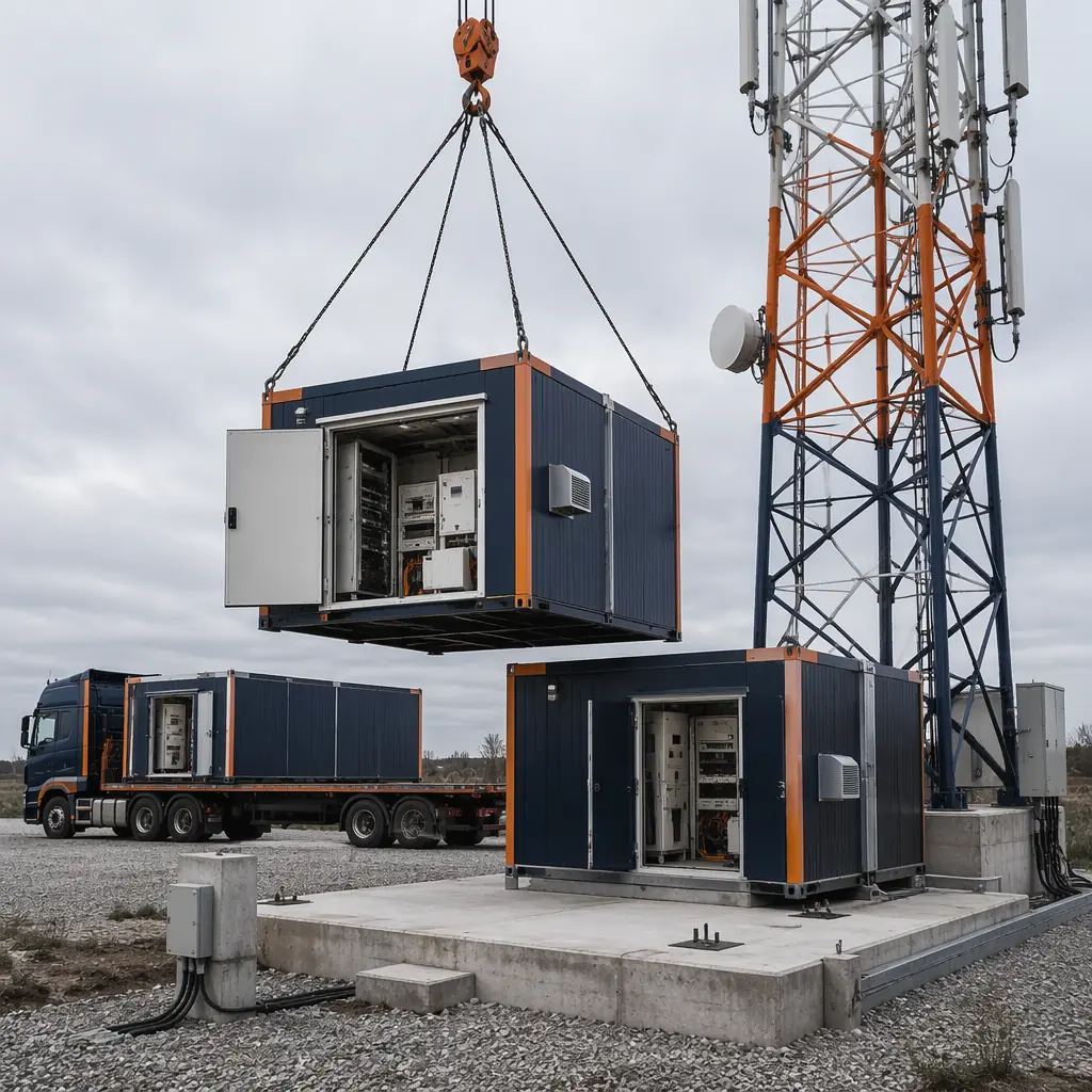 Construction site with crane lifting modular telecom shelter onto prepared concrete pad at base of 5G cell tower, steel frame module with equipment pre-installed, flatbed truck in background, module seams visible on prefab walls