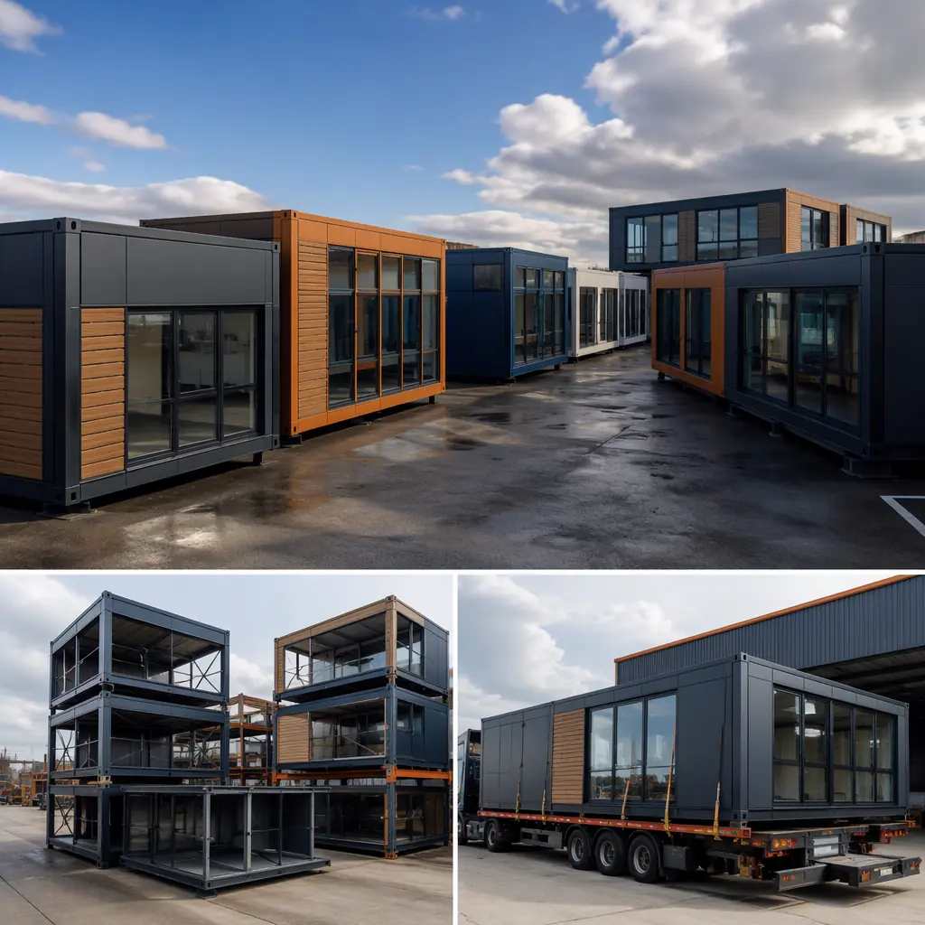 Collection of modular relocatable commercial buildings in storage yard, various configurations of prefabricated steel frame modules ready for deployment, clean modern design, units with different finishes and facade treatments, modular construction inventory, dark navy and warm orange brand colors, logistics facility