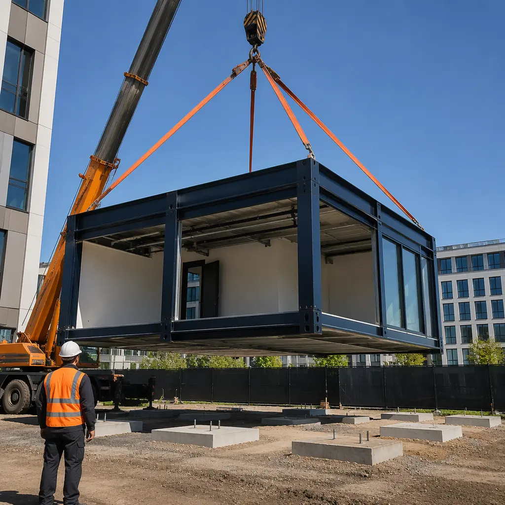 Mobile crane lifting modular commercial unit onto prepared foundation pads at temporary facility site, prefabricated steel frame module being positioned, construction crew in safety gear, rapid deployment scene, urban infill location, modular building assembly process, clear sky