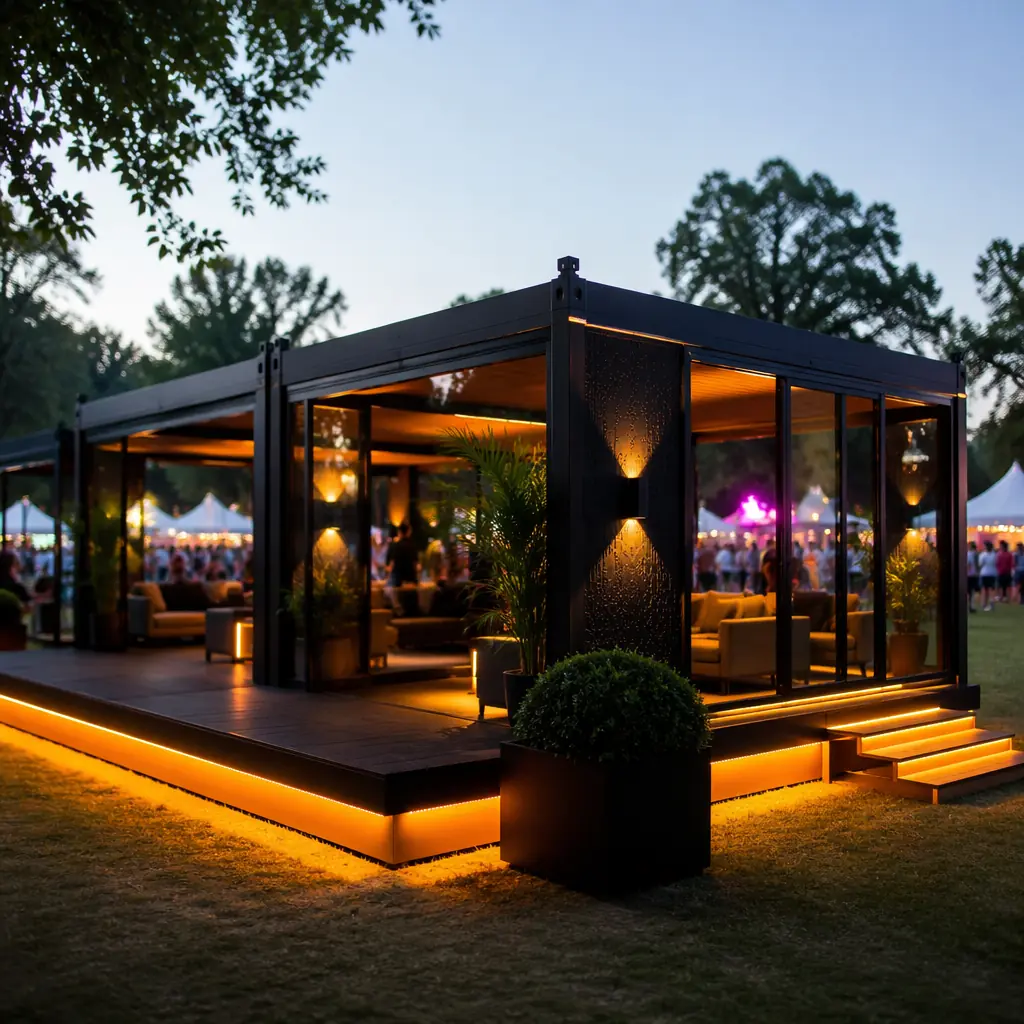 Modular event pavilion at outdoor festival, prefabricated steel frame structure with glass walls, serving as VIP lounge, contemporary design with warm lighting, temporary commercial installation in park setting, people enjoying event, clean geometric architecture, modular building units visible