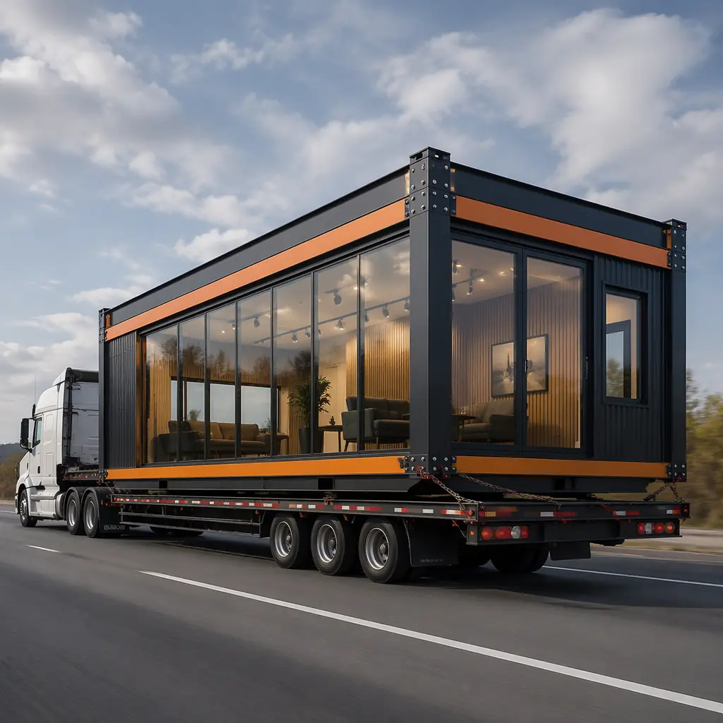 Steel frame modular building module being transported on flatbed truck, prefabricated commercial unit with glass facade and finished interior visible, relocatable building system, bolted connections at corner posts, factory-built module ready for deployment, logistics and transportation scene, modular construction supply chain