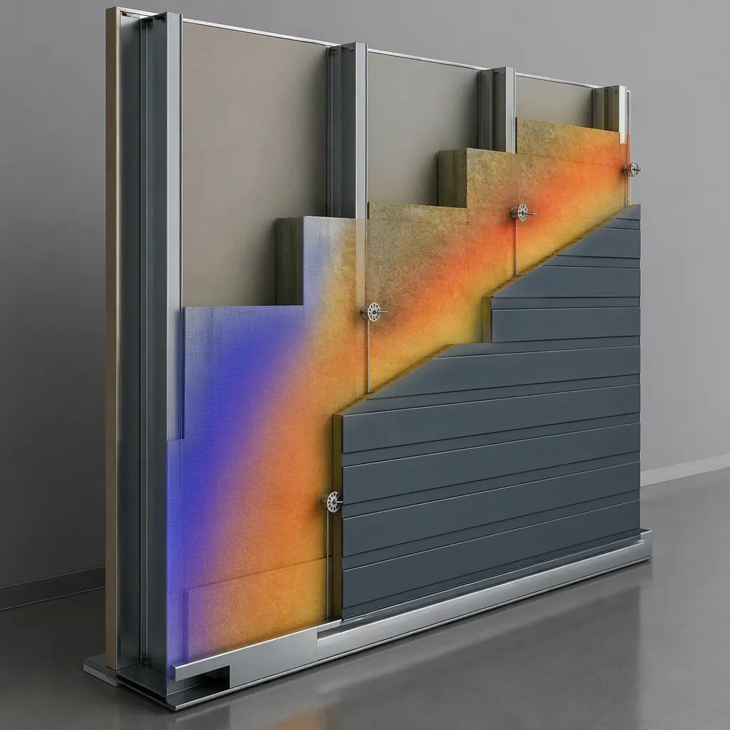 Photorealistic 3D cross-section render of modular wall thermal assembly, steel stud frame with staggered studs, continuous mineral wool insulation layer visible outboard of sheathing, thermal break fasteners connecting cladding through CI layer, color-coded heat flow visualization showing minimal thermal bridging at stud locations, factory-built wall panel with integrated insulation and air barrier