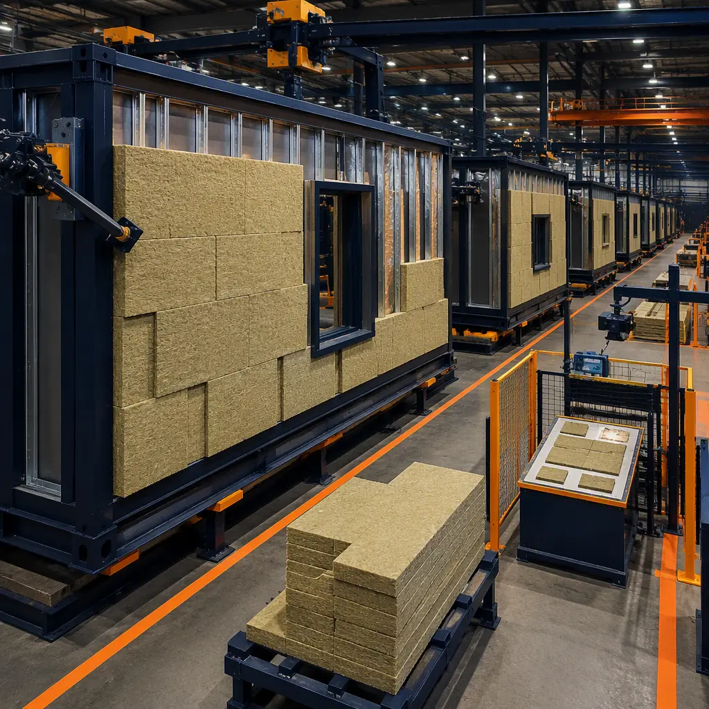 Factory floor of modular prefabricated construction facility, mineral wool continuous insulation boards being installed on exterior face of steel frame module wall panel, assembly line with multiple modules in various stages of thermal envelope completion, workers in safety gear positioning rigid insulation with staggered joints, quality control station checking insulation continuity with thermal imaging camera, dark navy structural elements throughout factory environment