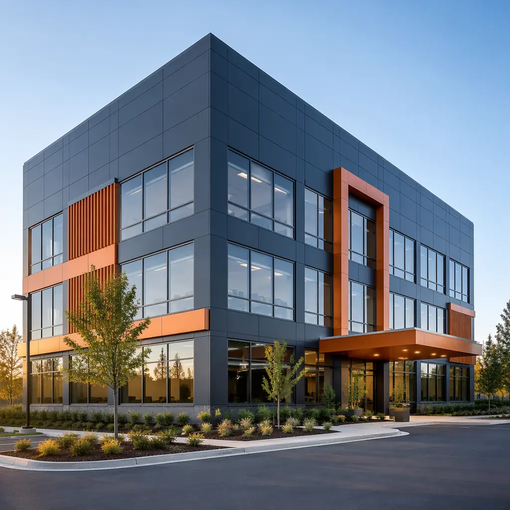 Completed multi-story modular commercial building exterior, clean geometric lines with grid pattern facade reflecting factory-assembled modules, module seams subtly visible on facade, modern glazing system, steel frame structure with dark navy accent panels and warm steel orange architectural details, professional corporate architecture, landscaping at building entrance