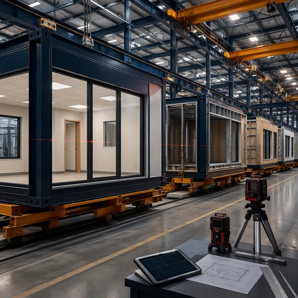 Factory floor of modular prefabricated construction facility, completed steel frame office modules with installed windows, drywall, and ceiling tiles visible, assembly line with modules at various completion stages, quality control inspection station in foreground, clean organized industrial environment with overhead cranes, color palette: dark navy and warm steel orange accents