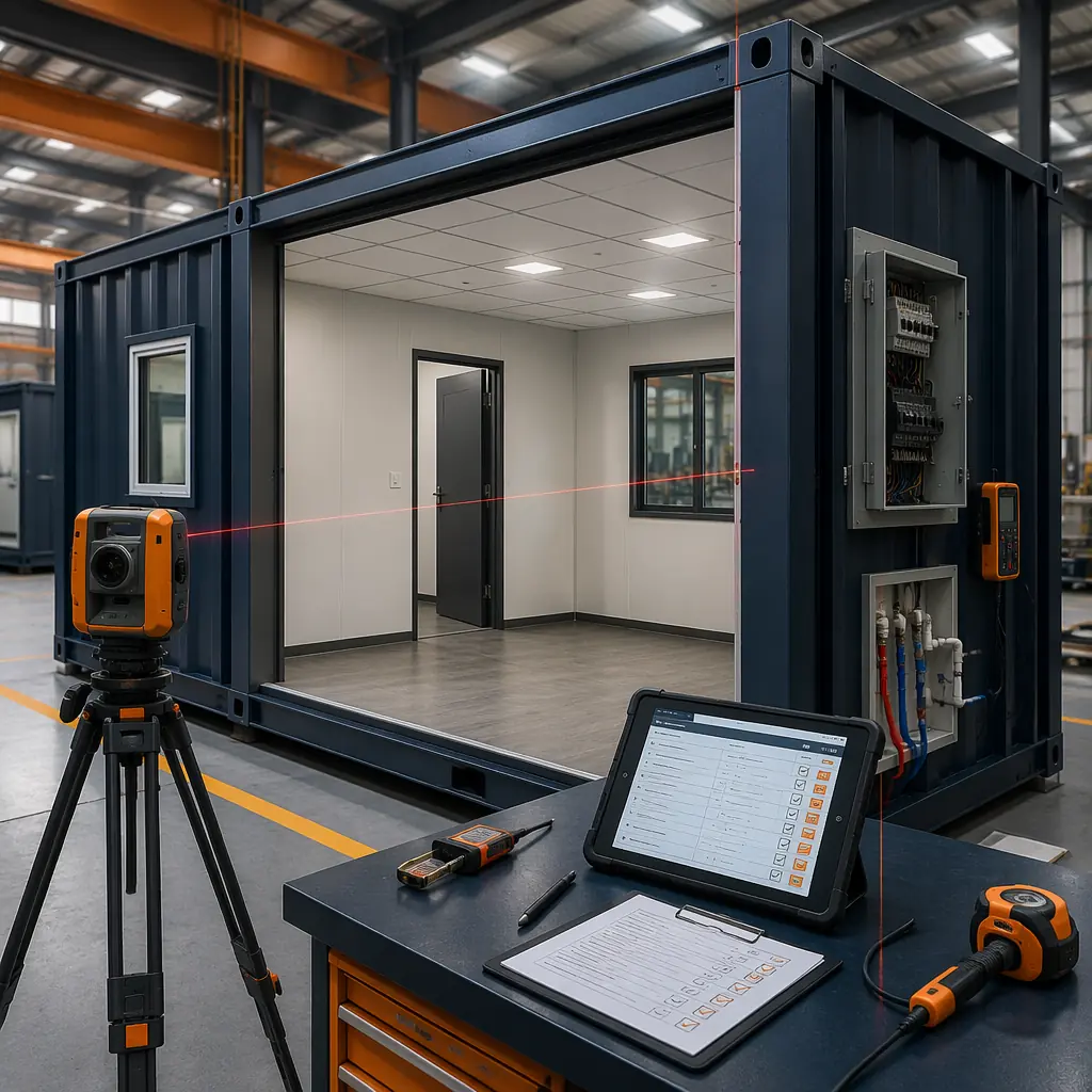 Inside modular construction factory quality inspection station: completed steel frame office module undergoing detailed inspection, technicians checking electrical panel connections and plumbing pressure gauges, finished drywall and ceiling grid visible, laser measurement tool on tripod checking module dimensions, inspection checklist on digital tablet, clean well-lit factory environment