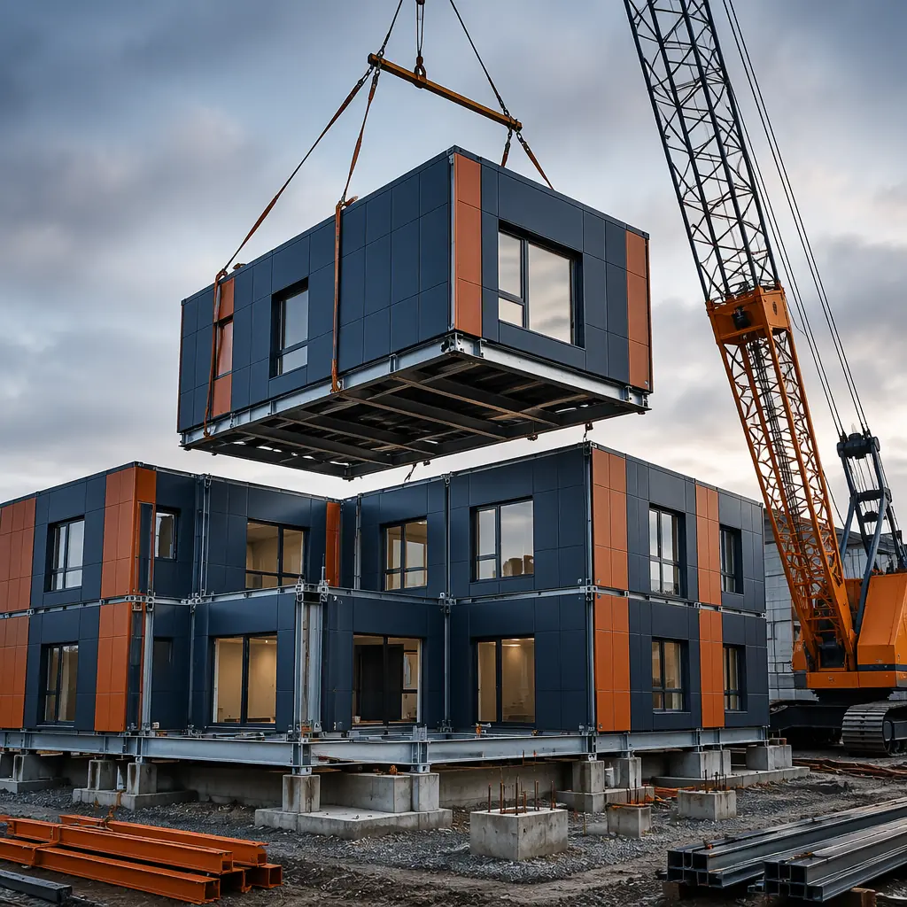 Crane lifting a completed modular building unit with factory-installed exterior cladding and windows onto prepared foundation, steel frame structure visible at module base, construction site with several modules already in position being connected, module seams visible between installed units, active job site with workers guiding module placement