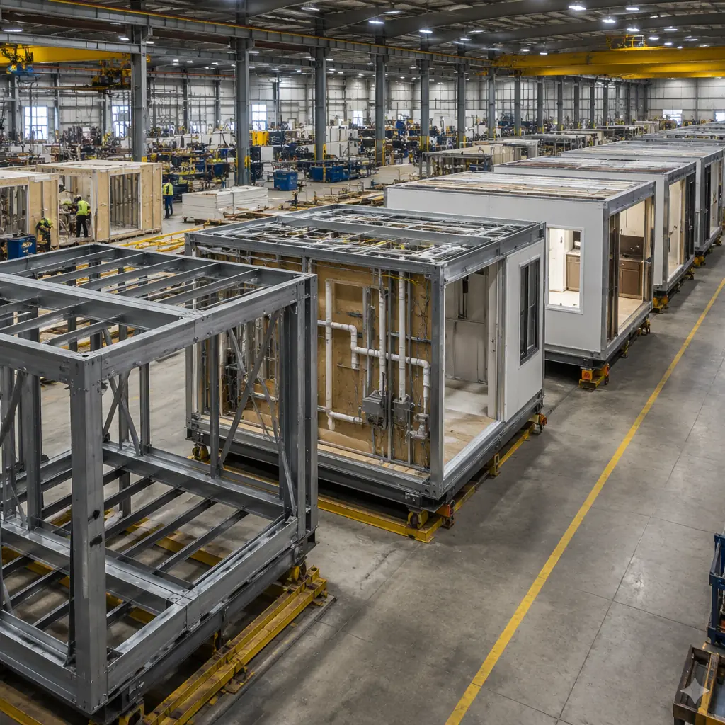 Factory floor of modular prefabricated construction facility, multiple steel-framed building modules in various stages of assembly, assembly line with modules progressing from bare frame to completed interior, workers installing MEP systems and finishes